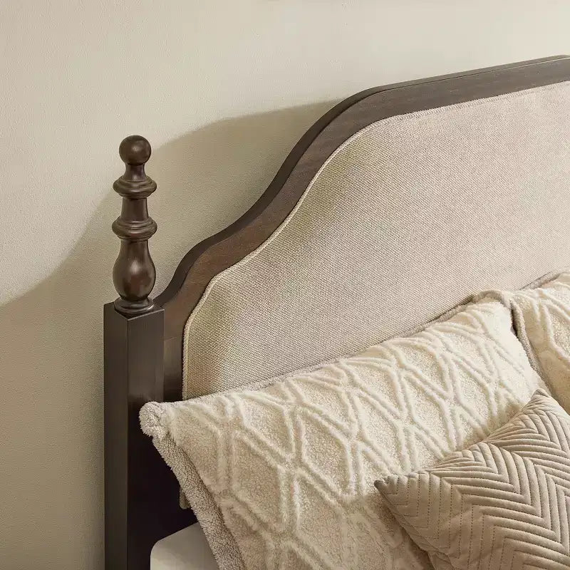 Ensembles de meubles de chambre à coucher Queen-85 Cadre de lit en bois massif avec tête de lit rembourrée et 2 tables de chevet, aucun sommier tapissier requis, pour chambre à coucher-Morden Fort