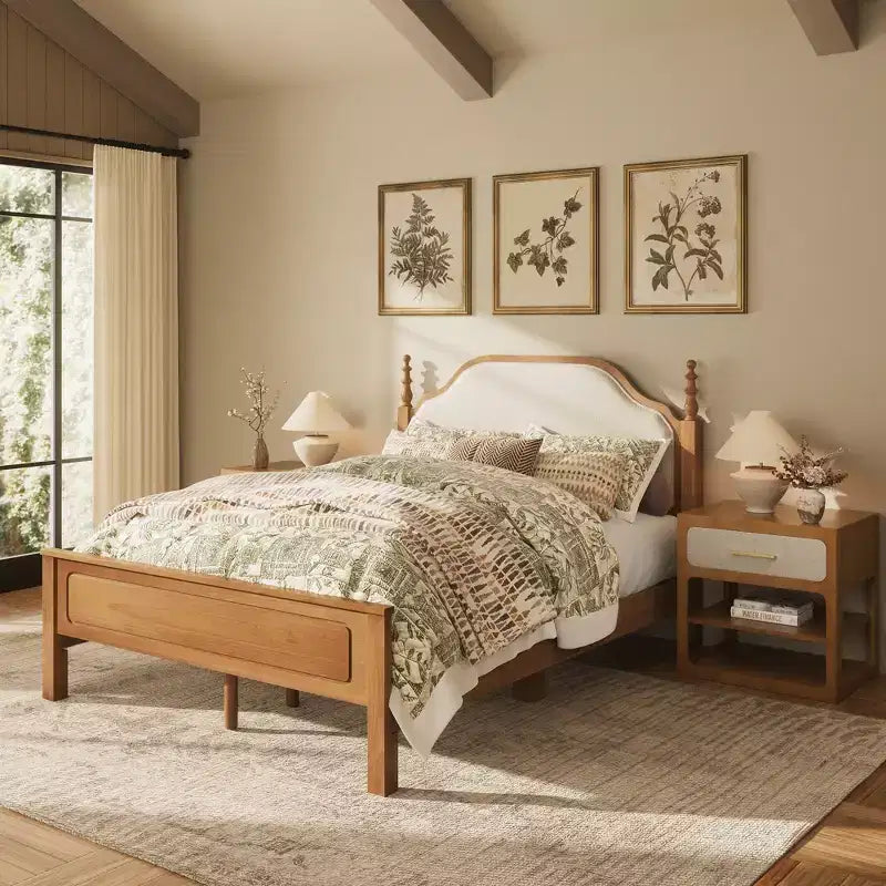 Ensembles de meubles de chambre à coucher Queen-85 Cadre de lit en bois massif avec tête de lit rembourrée et 2 tables de chevet, aucun sommier tapissier requis, pour chambre à coucher-Morden Fort