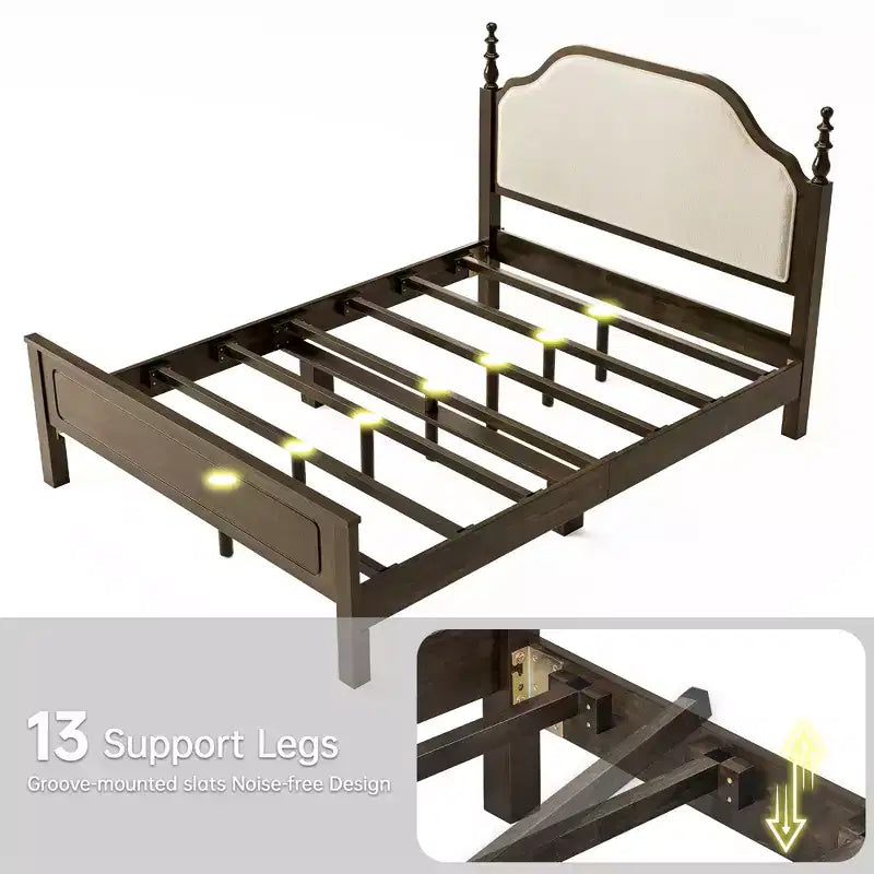 Ensembles de meubles de chambre à coucher Queen-85 Cadre de lit en bois massif avec tête de lit rembourrée et 2 tables de chevet, aucun sommier tapissier requis, pour chambre à coucher-Morden Fort
