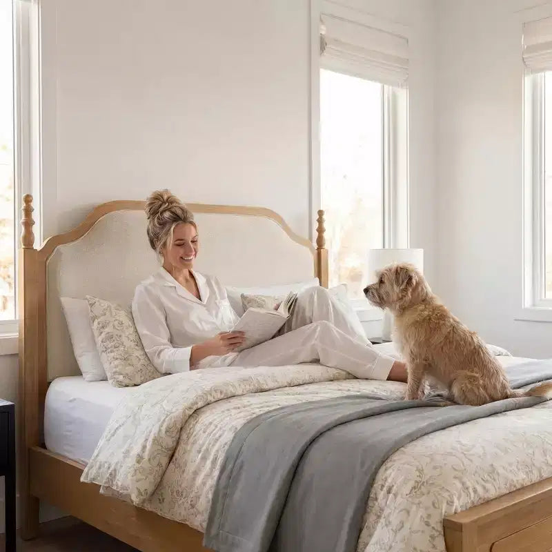 Ensembles de meubles de chambre à coucher Queen-85 Cadre de lit en bois massif avec tête de lit rembourrée et 2 tables de chevet, aucun sommier tapissier requis, pour chambre à coucher-Morden Fort
