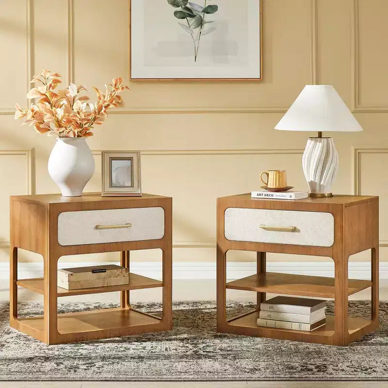 Ensembles de meubles de chambre à coucher Queen-85 Cadre de lit en bois massif avec tête de lit rembourrée et 2 tables de chevet, aucun sommier tapissier requis, pour chambre à coucher-Morden Fort