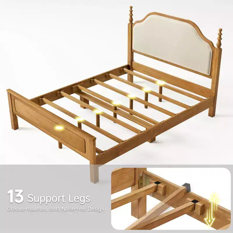 Ensembles de meubles de chambre à coucher Queen-85 Cadre de lit en bois massif avec tête de lit rembourrée et 2 tables de chevet, aucun sommier tapissier requis, pour chambre à coucher-Morden Fort