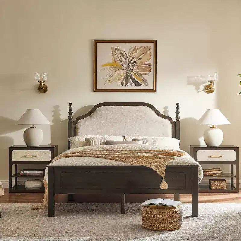 Ensembles de meubles de chambre à coucher Queen-85 Cadre de lit en bois massif avec tête de lit rembourrée et 2 tables de chevet, aucun sommier tapissier requis, pour chambre à coucher-Morden Fort