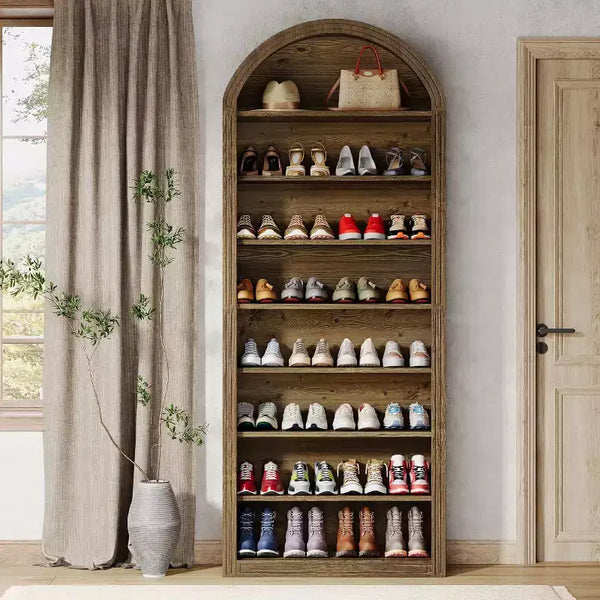 Lantine Shoe Storage Cabinet, 8-Tier Tall Shoe Organizer Cabinet, Large Wooden Freestanding Shoe Rack for Closet Entryway (Brown)