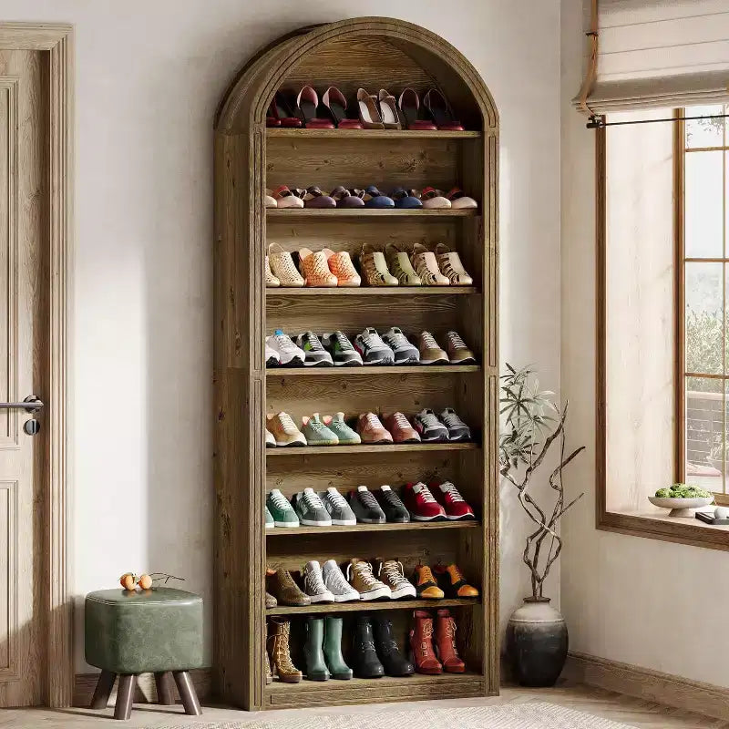 Meuble de rangement pour chaussures, armoire à chaussures haute à 8 niveaux, grand meuble à chaussures autoportant en bois pour placard d'entrée, marron