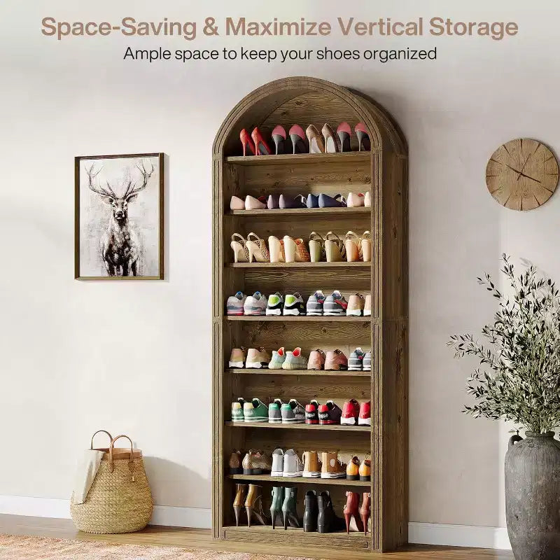 Meuble de rangement pour chaussures, armoire à chaussures haute à 8 niveaux, grand meuble à chaussures autoportant en bois pour placard d'entrée, marron