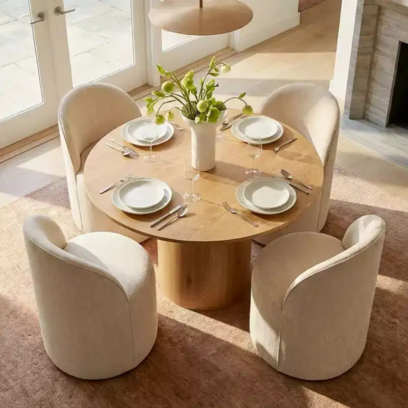 Ensemble table à manger pour 4, chaises barillet modernes avec roulettes et revêtement en chenille, table ronde à pied central pour petits espaces-repas-Panipeachy
