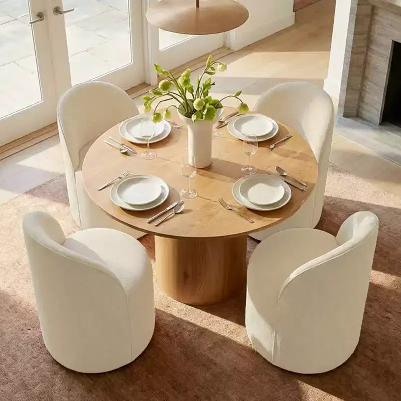 Ensemble table à manger pour 4, chaises barillet modernes avec roulettes et revêtement en chenille, table ronde à pied central pour petits espaces-repas-Panipeachy
