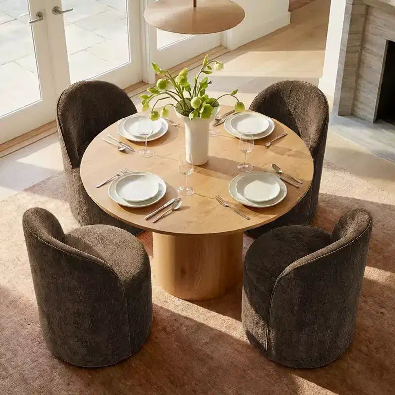 Ensemble table à manger pour 4, chaises barillet modernes avec roulettes et revêtement en chenille, table ronde à pied central pour petits espaces-repas-Panipeachy
