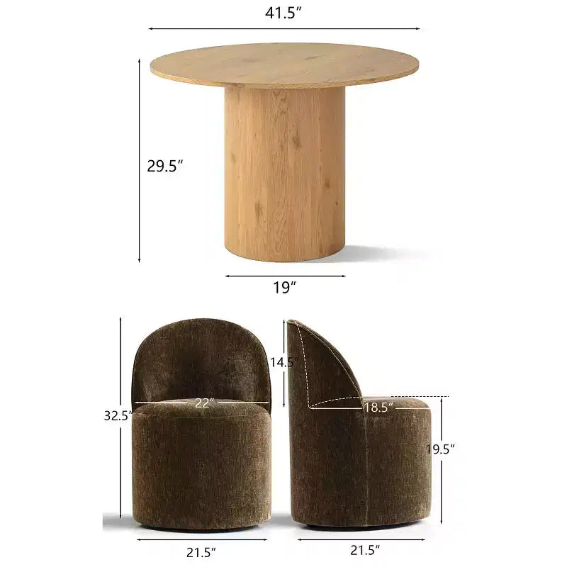 Ensemble table à manger pour 4, chaises barillet modernes avec roulettes et revêtement en chenille, table ronde à pied central pour petits espaces-repas-Panipeachy