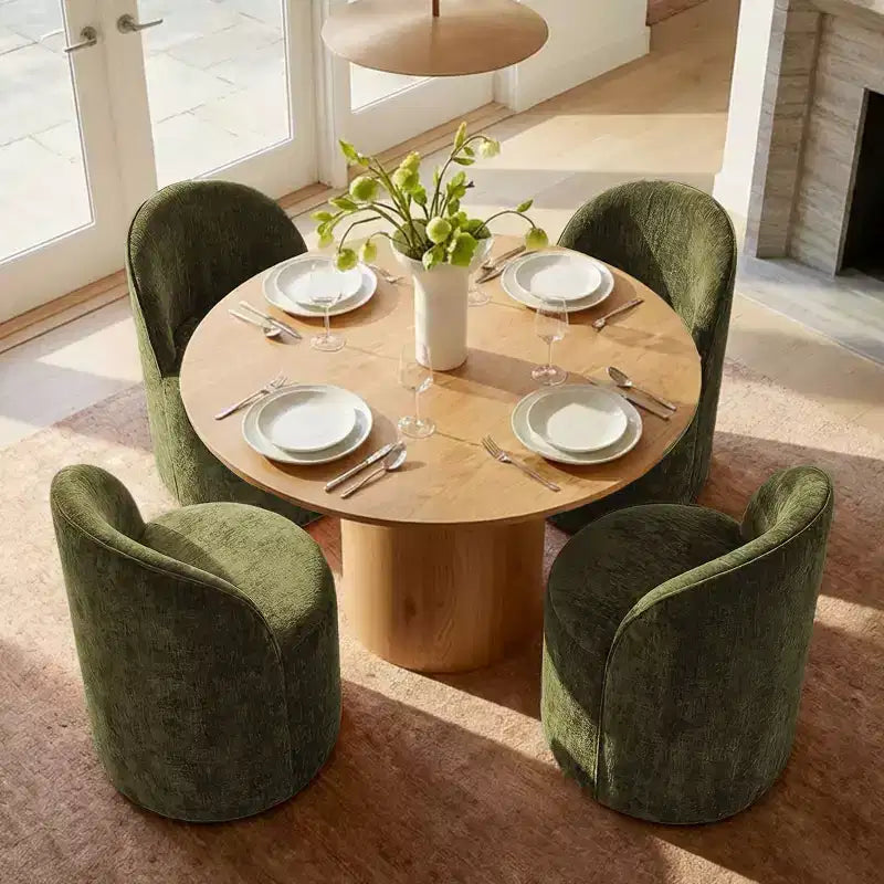 Ensemble table à manger pour 4, chaises barillet modernes avec roulettes et revêtement en chenille, table ronde à pied central pour petits espaces-repas-Panipeachy