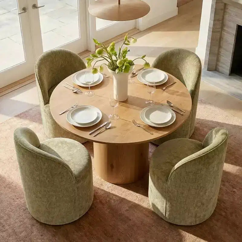 Ensemble table à manger pour 4, chaises barillet modernes avec roulettes et revêtement en chenille, table ronde à pied central pour petits espaces-repas-Panipeachy