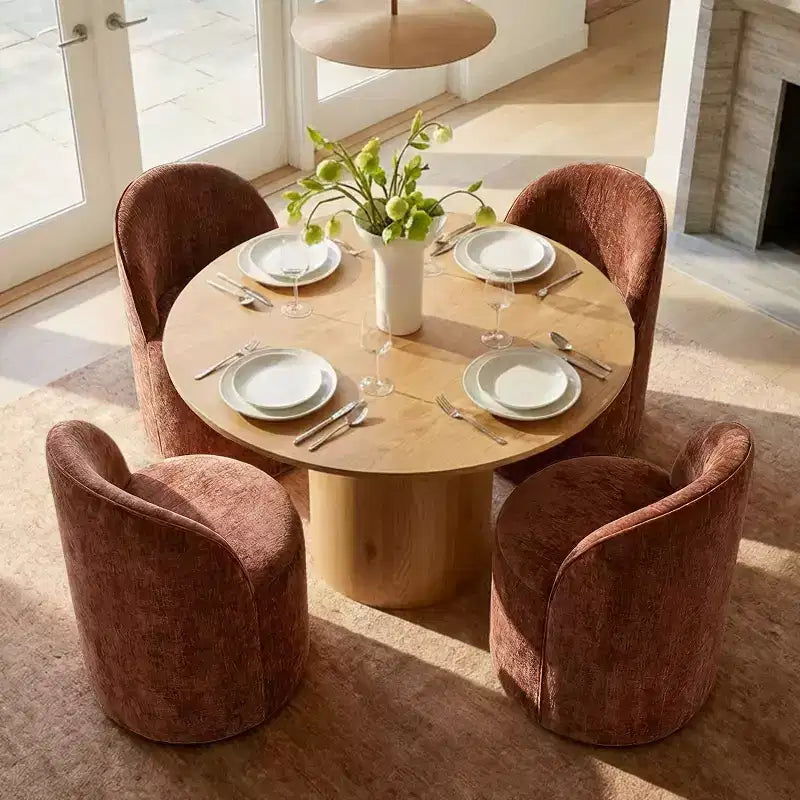 Ensemble table à manger pour 4, chaises barillet modernes avec roulettes et revêtement en chenille, table ronde à pied central pour petits espaces-repas-Panipeachy