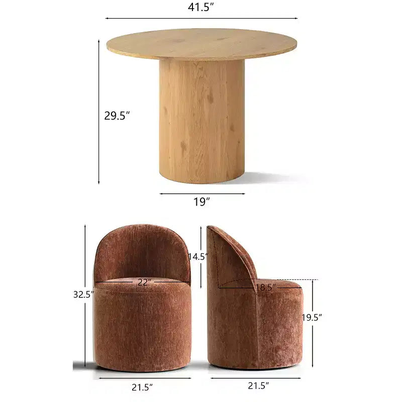 Ensemble table à manger pour 4, chaises barillet modernes avec roulettes et revêtement en chenille, table ronde à pied central pour petits espaces-repas-Panipeachy