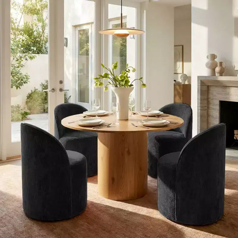 Ensemble table à manger pour 4, chaises barillet modernes avec roulettes et revêtement en chenille, table ronde à pied central pour petits espaces-repas-Panipeachy