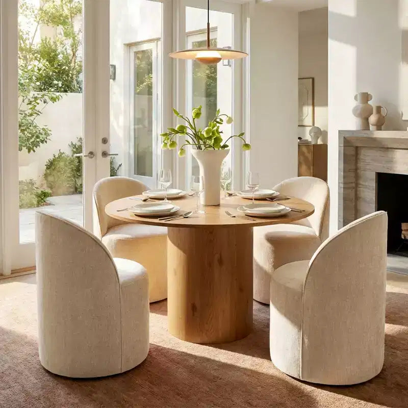 Ensemble table à manger pour 4, chaises barillet modernes avec roulettes et revêtement en chenille, table ronde à pied central pour petits espaces-repas-Panipeachy