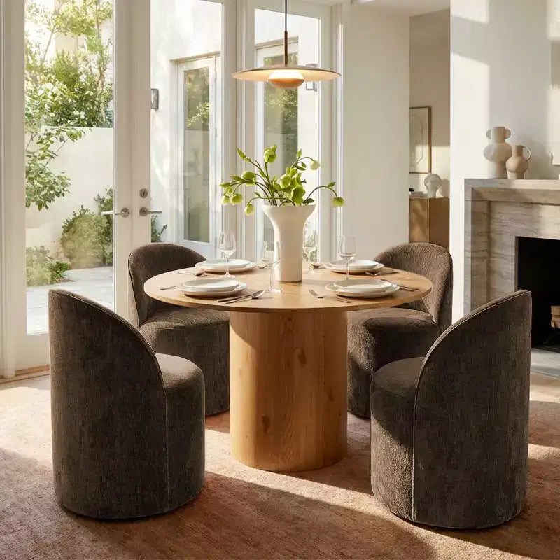 Ensemble table à manger pour 4, chaises barillet modernes avec roulettes et revêtement en chenille, table ronde à pied central pour petits espaces-repas-Panipeachy
