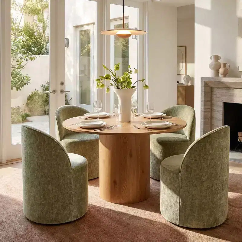 Ensemble table à manger pour 4, chaises barillet modernes avec roulettes et revêtement en chenille, table ronde à pied central pour petits espaces-repas-Panipeachy