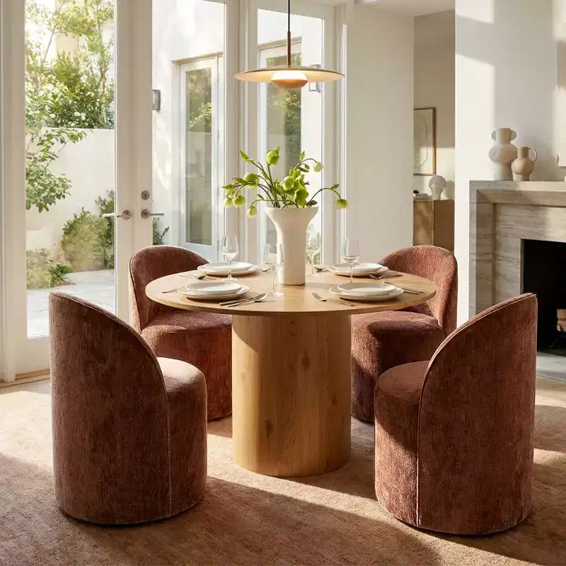 Ensemble table à manger pour 4, chaises barillet modernes avec roulettes et revêtement en chenille, table ronde à pied central pour petits espaces-repas-Panipeachy