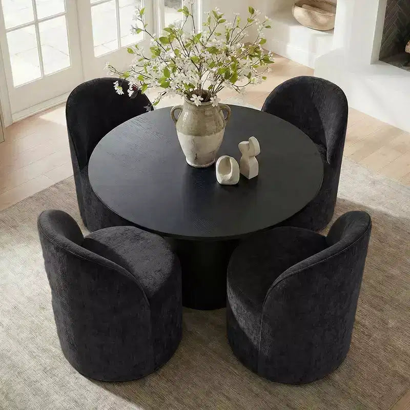 Ensemble de salle à manger 5 pièces pour 4, chaises modernes à roulettes avec revêtement en chenille, table ronde noire à pied central - Panipeachy