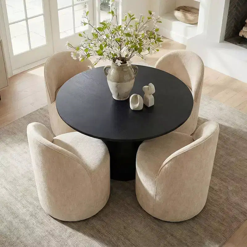 Ensemble de salle à manger 5 pièces pour 4, chaises modernes à roulettes avec revêtement en chenille, table ronde noire à pied central - Panipeachy