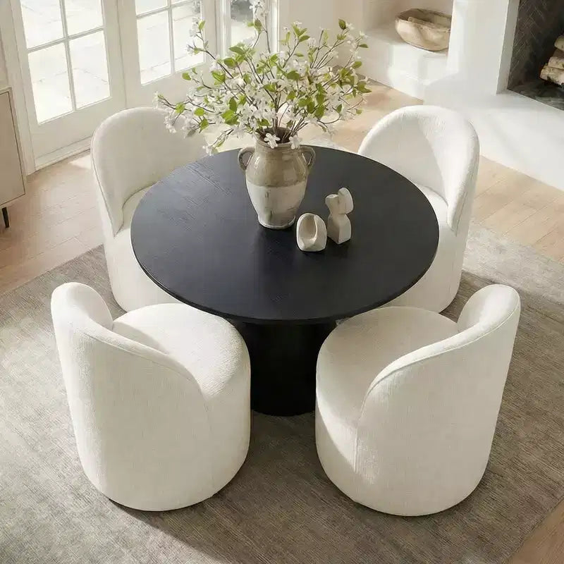 Ensemble de salle à manger 5 pièces pour 4, chaises modernes à roulettes avec revêtement en chenille, table ronde noire à pied central - Panipeachy