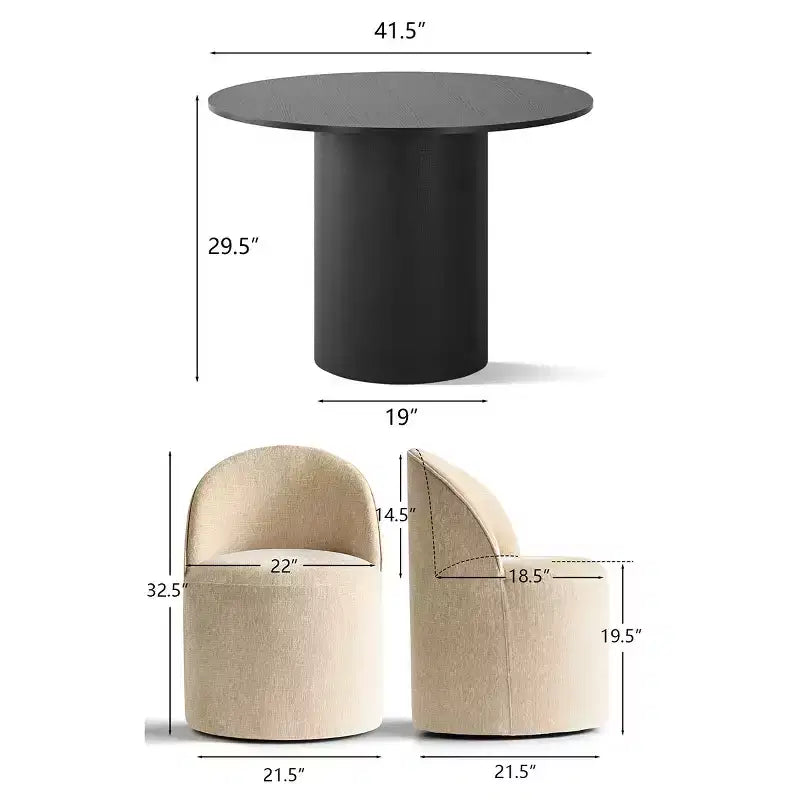 Ensemble de salle à manger 5 pièces pour 4, chaises modernes à roulettes avec revêtement en chenille, table ronde noire à pied central - Panipeachy