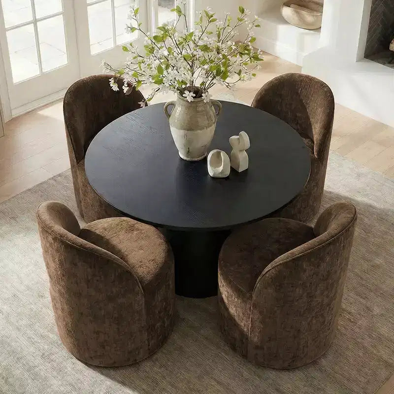 Ensemble de salle à manger 5 pièces pour 4, chaises modernes à roulettes avec revêtement en chenille, table ronde noire à pied central - Panipeachy