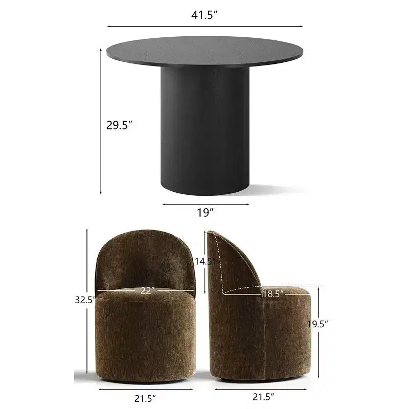 Ensemble de salle à manger 5 pièces pour 4, chaises modernes à roulettes avec revêtement en chenille, table ronde noire à pied central - Panipeachy