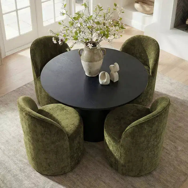 Ensemble de salle à manger 5 pièces pour 4, chaises modernes à roulettes avec revêtement en chenille, table ronde noire à pied central - Panipeachy