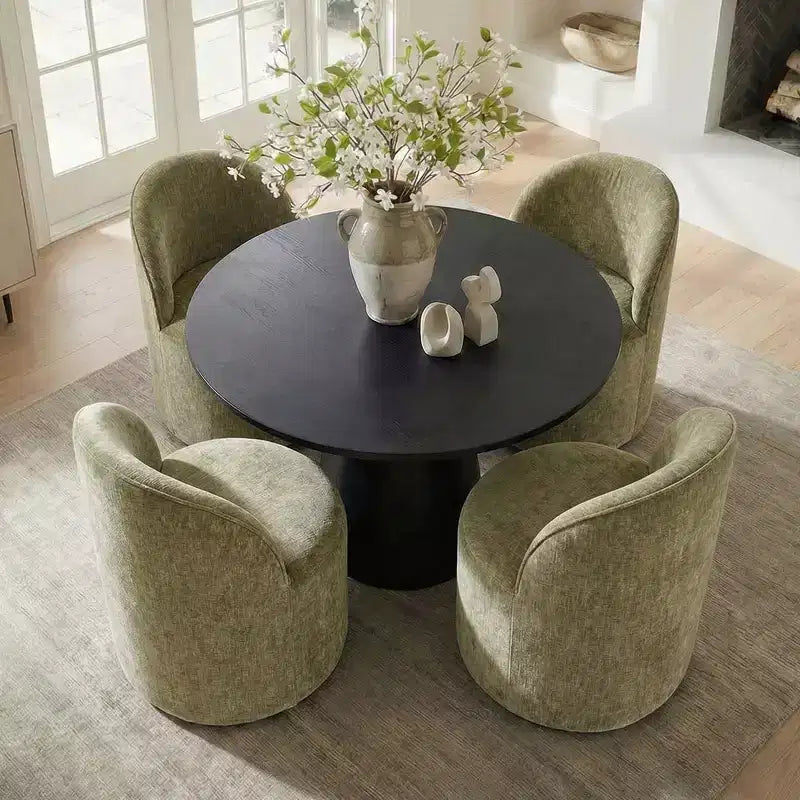 Ensemble de salle à manger 5 pièces pour 4, chaises modernes à roulettes avec revêtement en chenille, table ronde noire à pied central - Panipeachy