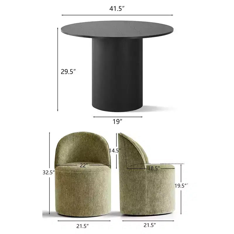 Ensemble de salle à manger 5 pièces pour 4, chaises modernes à roulettes avec revêtement en chenille, table ronde noire à pied central - Panipeachy