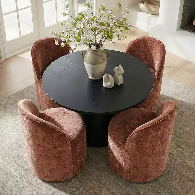 Ensemble de salle à manger 5 pièces pour 4, chaises modernes à roulettes avec revêtement en chenille, table ronde noire à pied central - Panipeachy