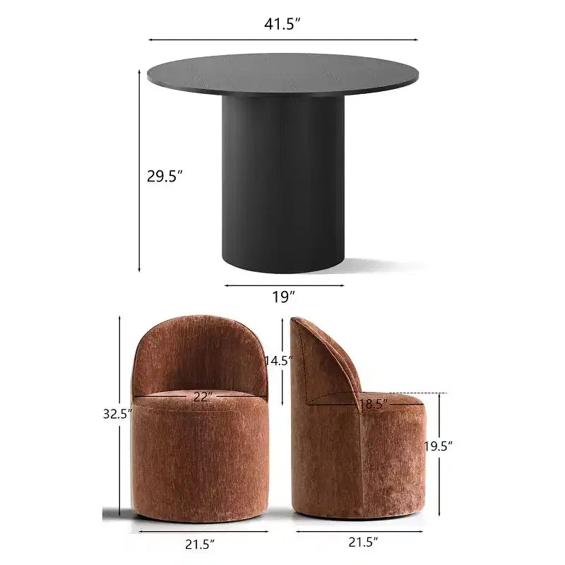 Ensemble de salle à manger 5 pièces pour 4, chaises modernes à roulettes avec revêtement en chenille, table ronde noire à pied central - Panipeachy
