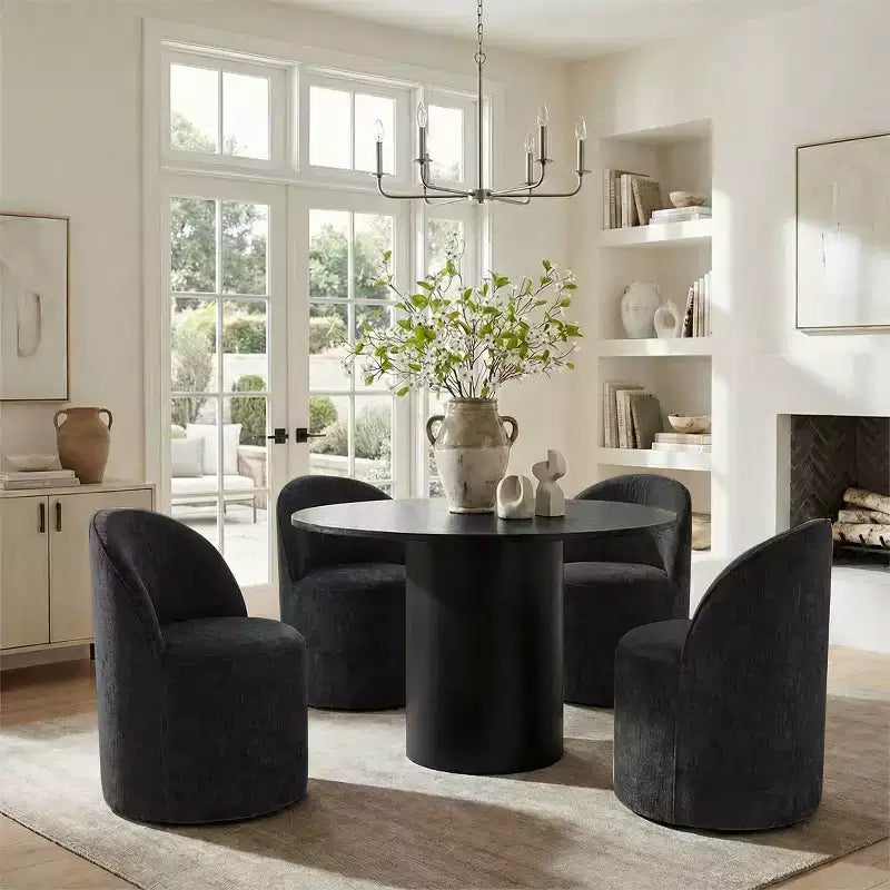Ensemble de salle à manger 5 pièces pour 4, chaises modernes à roulettes avec revêtement en chenille, table ronde noire à pied central - Panipeachy