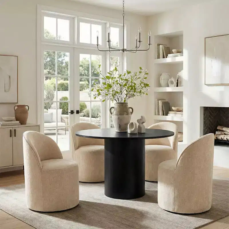 Ensemble de salle à manger 5 pièces pour 4, chaises modernes à roulettes avec revêtement en chenille, table ronde noire à pied central - Panipeachy