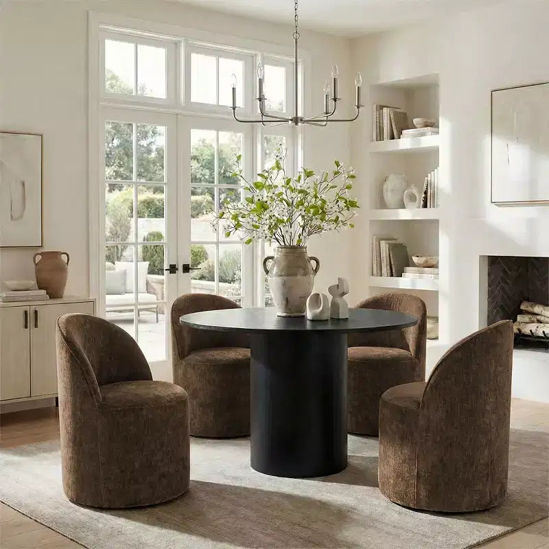 Ensemble de salle à manger 5 pièces pour 4, chaises modernes à roulettes avec revêtement en chenille, table ronde noire à pied central - Panipeachy