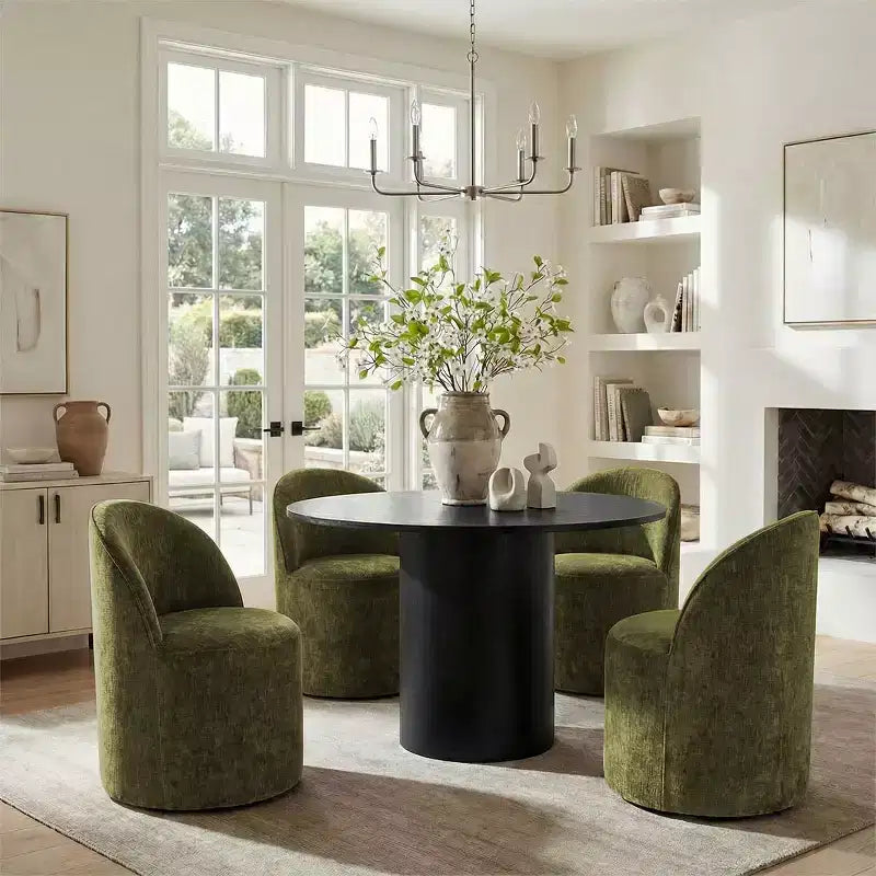 Ensemble de salle à manger 5 pièces pour 4, chaises modernes à roulettes avec revêtement en chenille, table ronde noire à pied central - Panipeachy