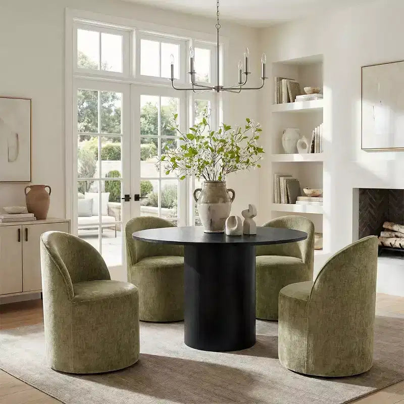 Ensemble de salle à manger 5 pièces pour 4, chaises modernes à roulettes avec revêtement en chenille, table ronde noire à pied central - Panipeachy