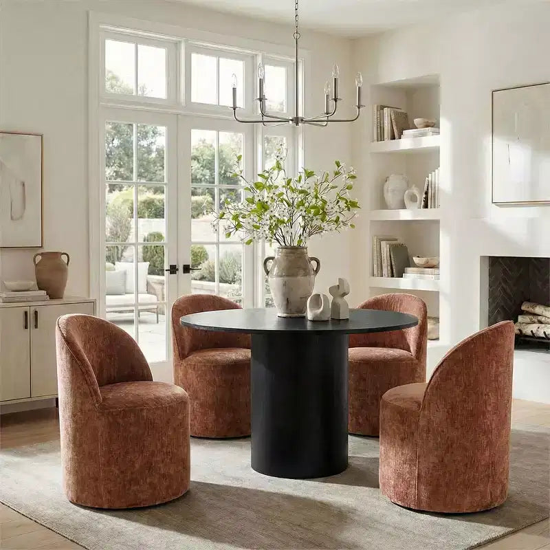 Ensemble de salle à manger 5 pièces pour 4, chaises modernes à roulettes avec revêtement en chenille, table ronde noire à pied central - Panipeachy