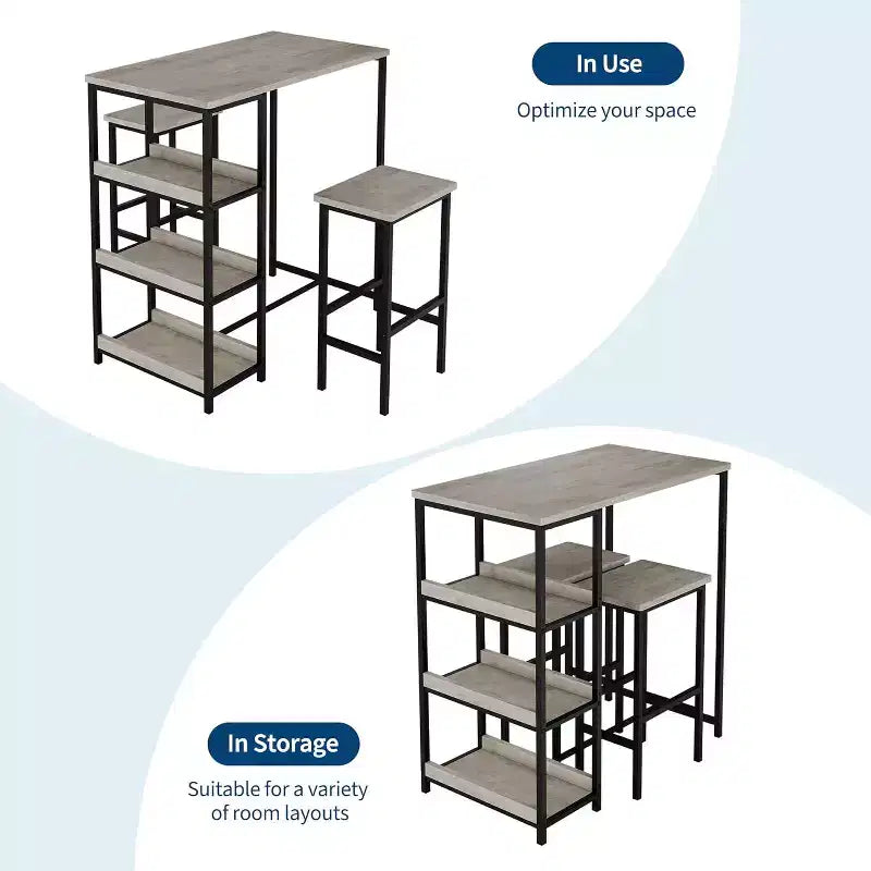 Ensemble de table de cuisine 3 pièces avec étagères de rangement et 2 tabourets de bar - Table à manger en fer et bois pour petits espaces, appartements, copropriétés