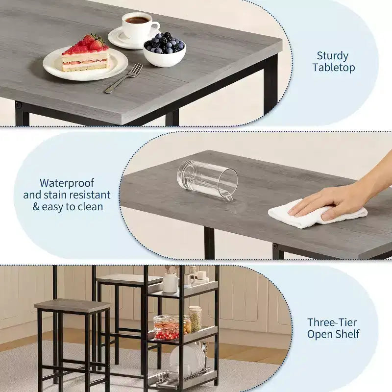 Ensemble de table de cuisine 3 pièces avec étagères de rangement et 2 tabourets de bar - Table à manger en fer et bois pour petits espaces, appartements, copropriétés