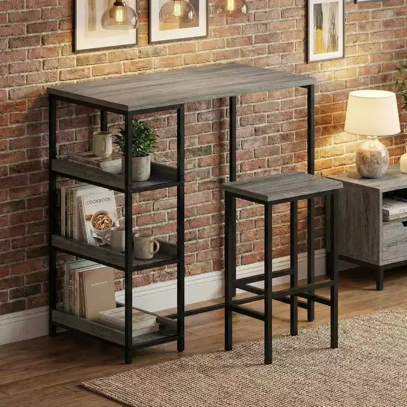 Ensemble de table de cuisine 3 pièces avec étagères de rangement et 2 tabourets de bar - Table à manger en fer et bois pour petits espaces, appartements, copropriétés