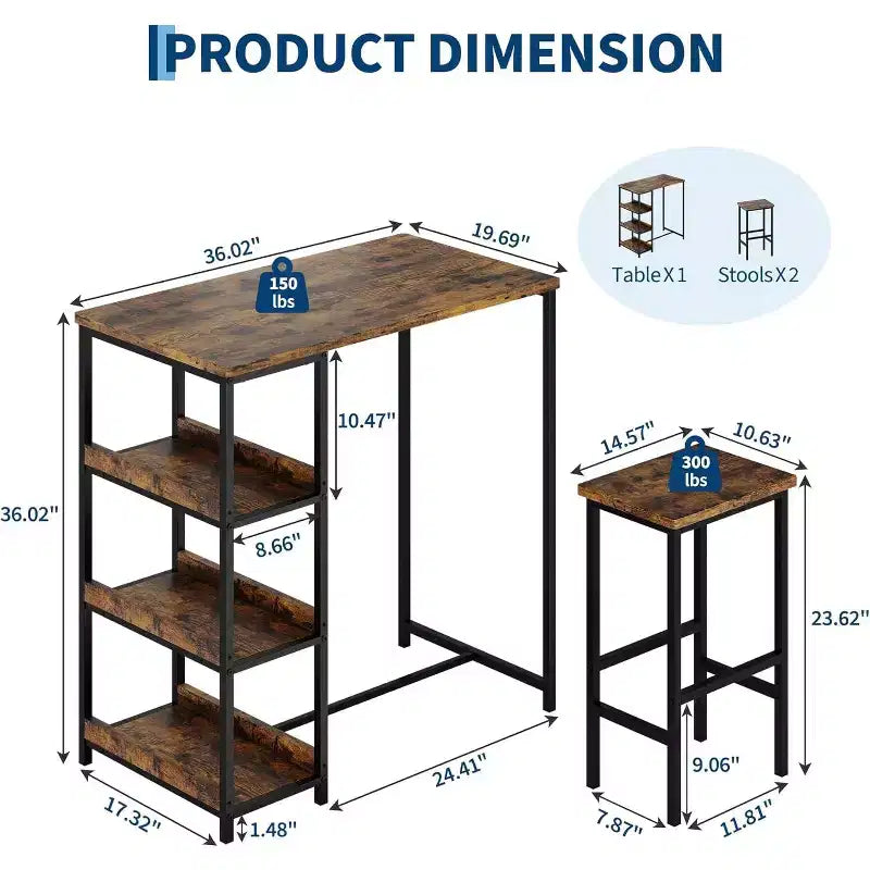 Ensemble de table de cuisine 3 pièces avec étagères de rangement et 2 tabourets de bar - Table à manger en fer et bois pour petits espaces, appartements, copropriétés