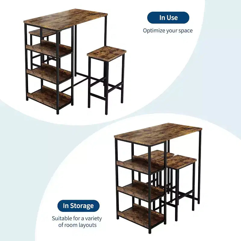 Ensemble de table de cuisine 3 pièces avec étagères de rangement et 2 tabourets de bar - Table à manger en fer et bois pour petits espaces, appartements, copropriétés