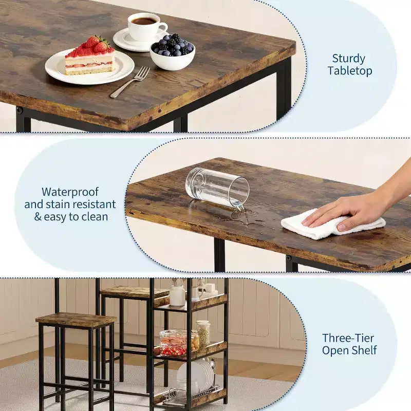 Ensemble de table de cuisine 3 pièces avec étagères de rangement et 2 tabourets de bar - Table à manger en fer et bois pour petits espaces, appartements, copropriétés