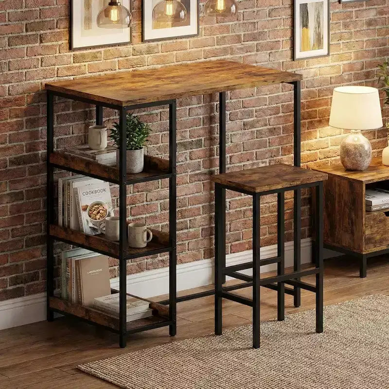 Ensemble de table de cuisine 3 pièces avec étagères de rangement et 2 tabourets de bar - Table à manger en fer et bois pour petits espaces, appartements, copropriétés