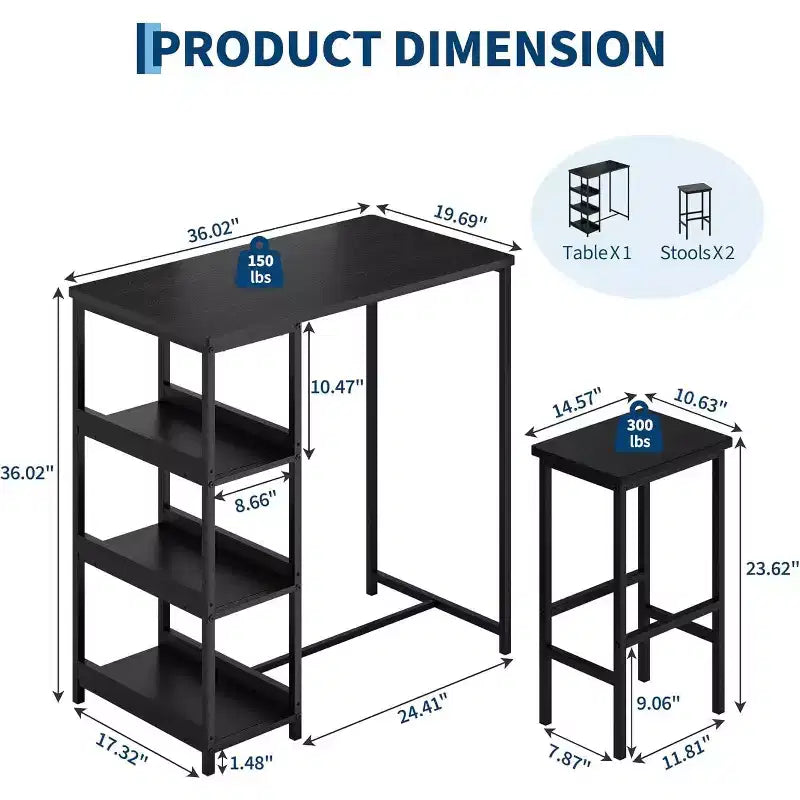 Ensemble de table de cuisine 3 pièces avec étagères de rangement et 2 tabourets de bar - Table à manger en fer et bois pour petits espaces, appartements, copropriétés