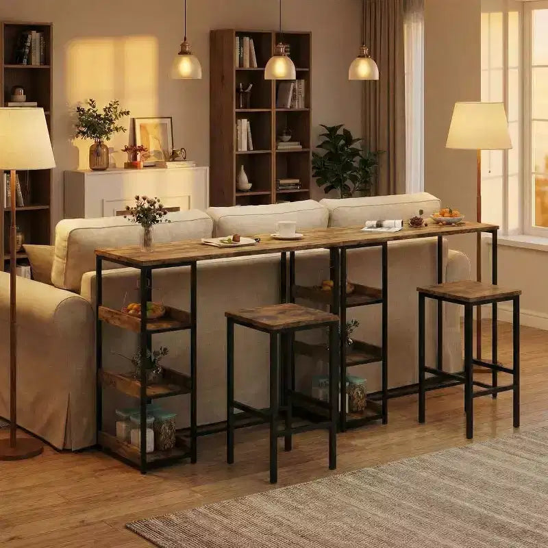 Ensemble de table de cuisine 3 pièces avec étagères de rangement et 2 tabourets de bar - Table à manger en fer et bois pour petits espaces, appartements, copropriétés
