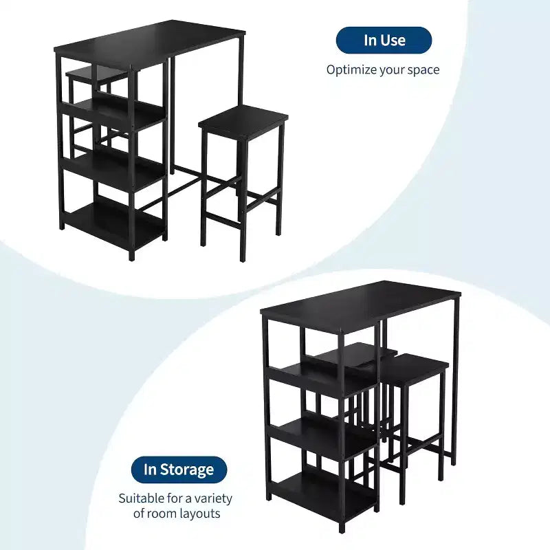 Ensemble de table de cuisine 3 pièces avec étagères de rangement et 2 tabourets de bar - Table à manger en fer et bois pour petits espaces, appartements, copropriétés